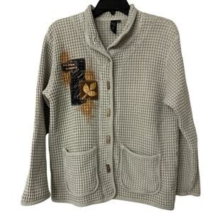 Focus Casual Life Gray Cotton Waffle Knit Embroidered Painted Cardigan Artsy S